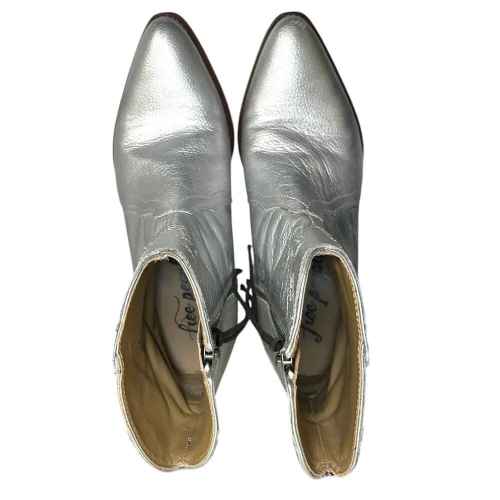 Free People Women's 'New Frontier' Leather Western Bootie Silver Size 38 EU 8 US